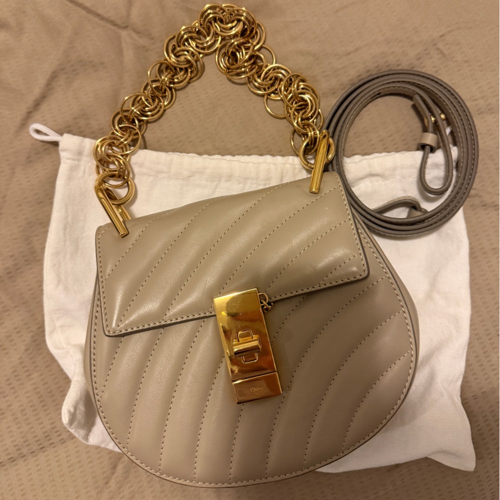 Chloe Taupe Quilted Crossbody Bag with Gold Chain
